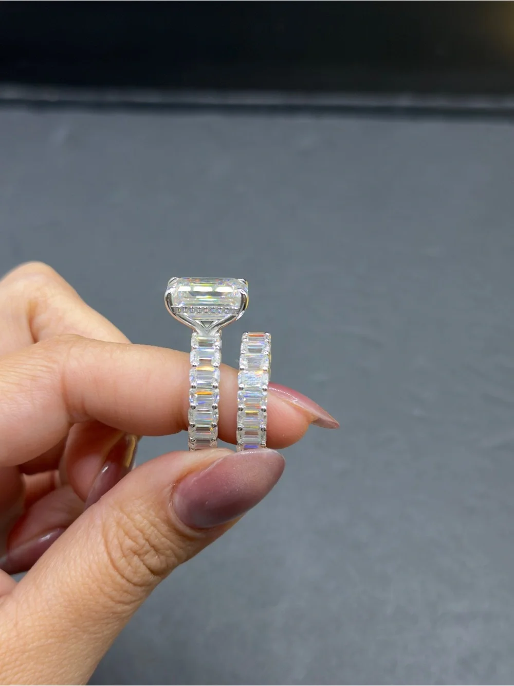 30cttw emerald cut Moissanite statement wedding set size 6.5